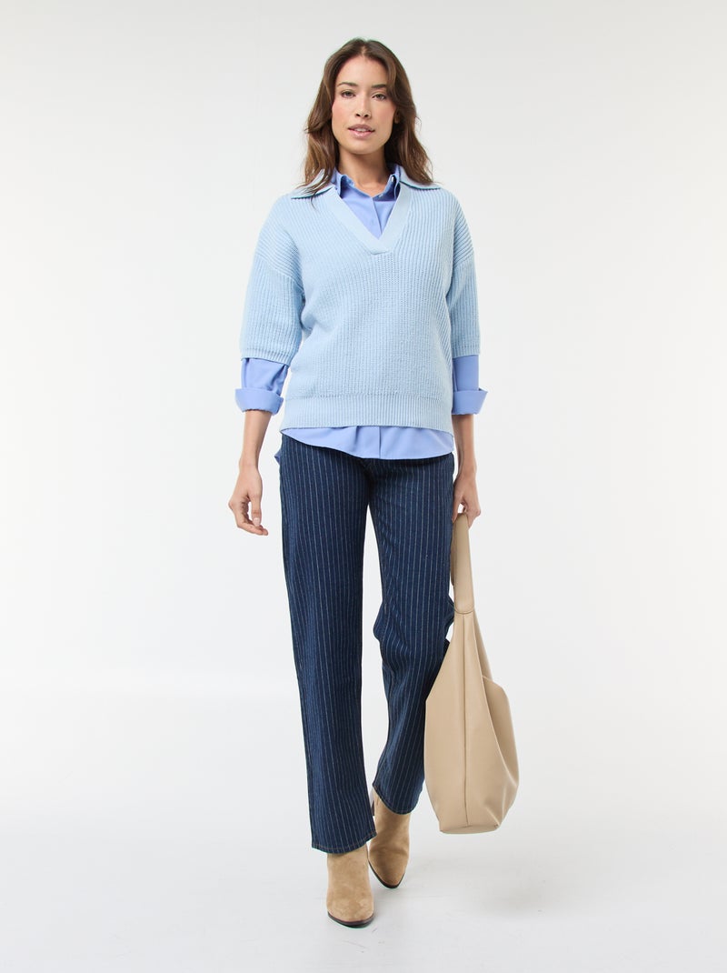 Camisola estilo polo com decote em V Azul - Kiabi