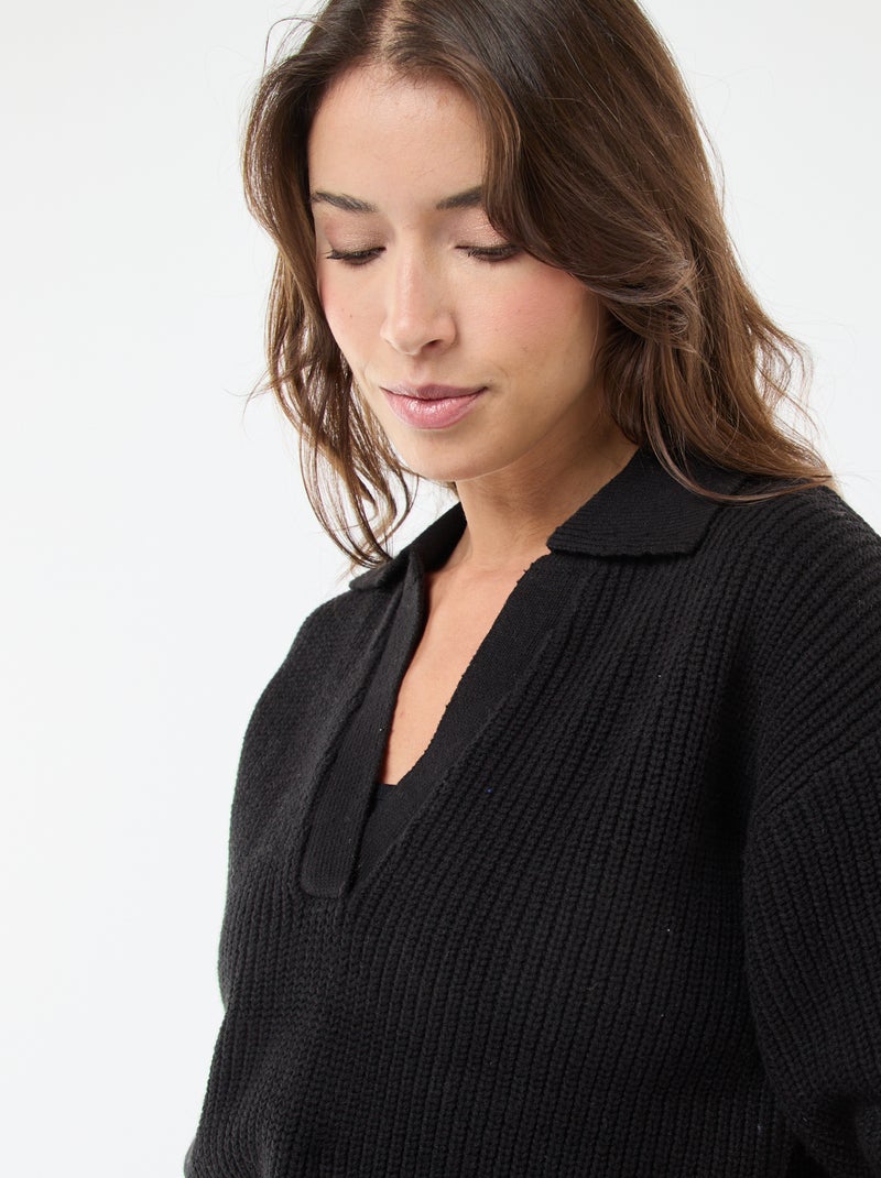 Camisola estilo polo com decote em V Preto - Kiabi