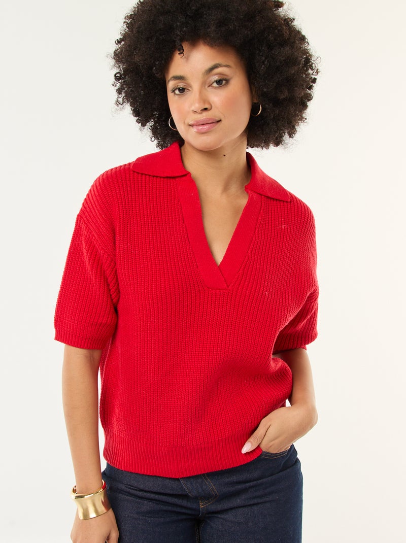 Camisola estilo polo com decote em V Vermelho - Kiabi
