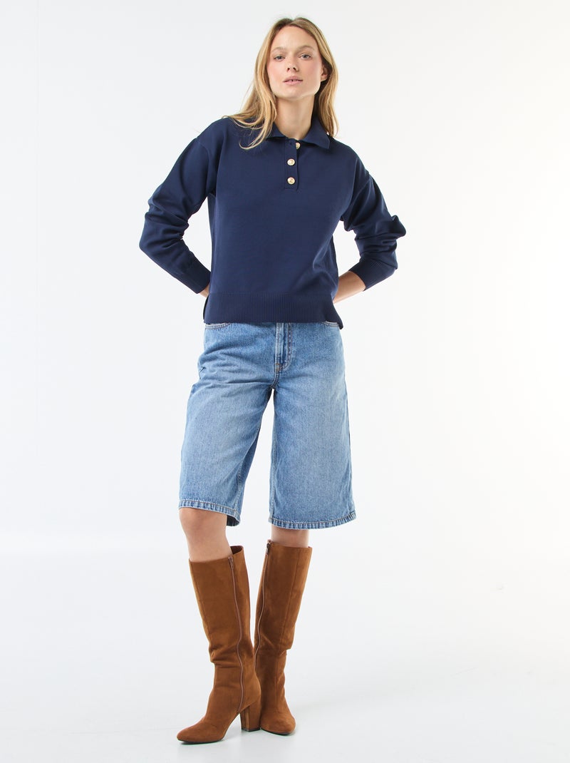 Camisola estilo pólo em malha stretch Azul - Kiabi