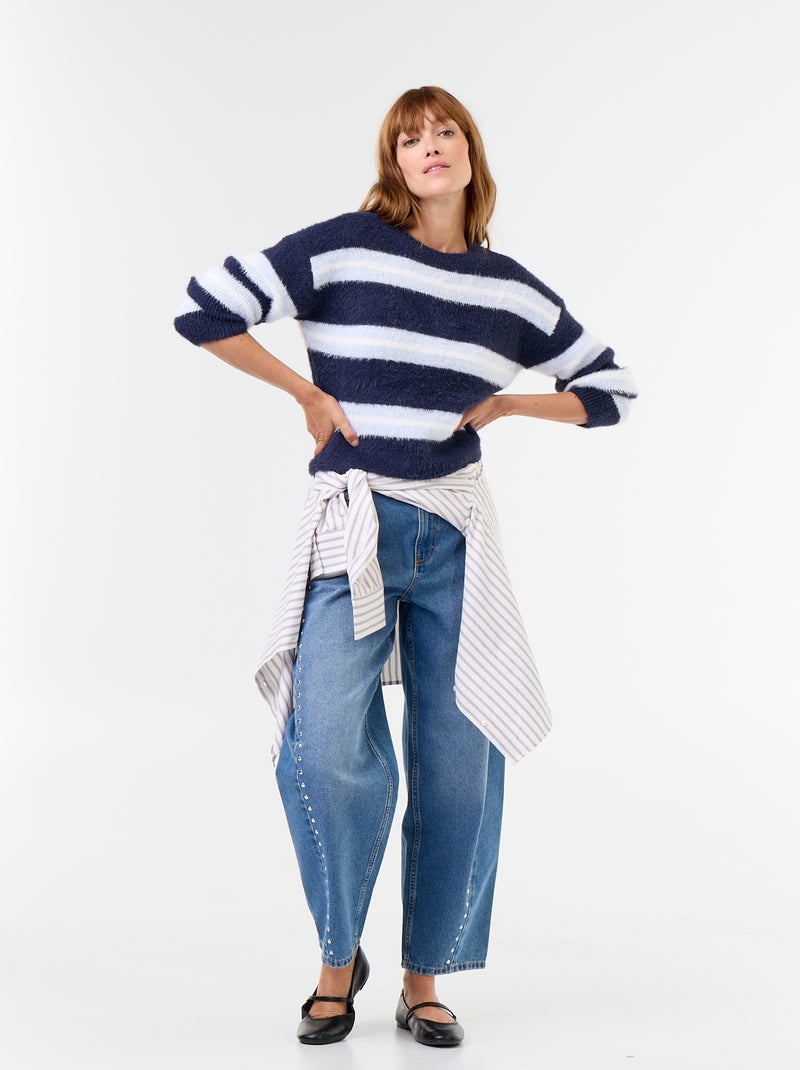 Camisola felpuda às riscas de gola redonda Azul - Kiabi