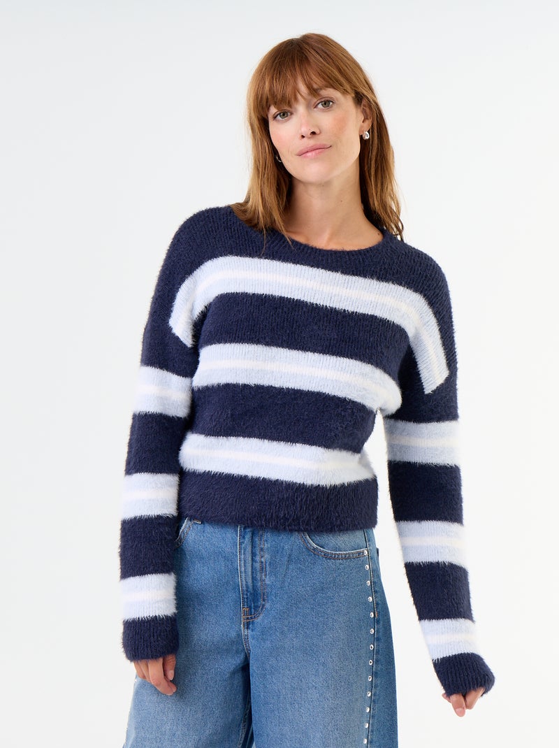 Camisola felpuda às riscas de gola redonda Azul - Kiabi