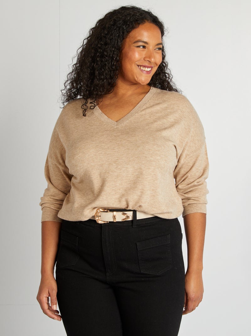 Camisola fina com gola em bico BEGE - Kiabi