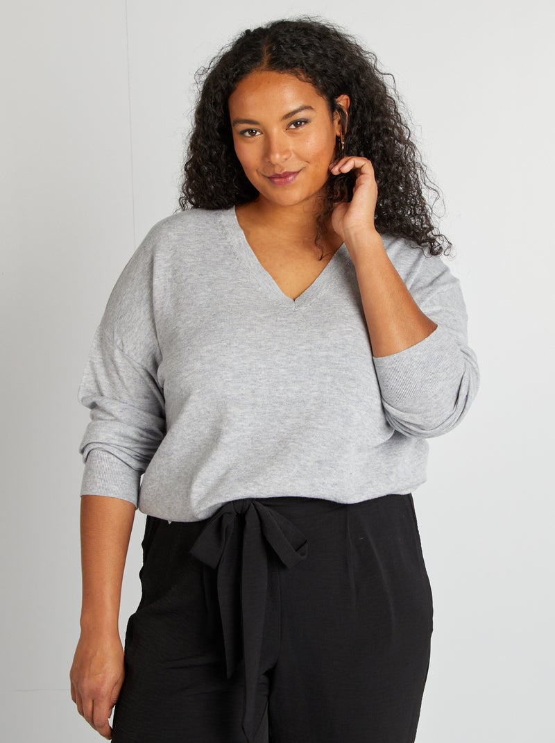 Camisola fina com gola em bico CINZA - Kiabi