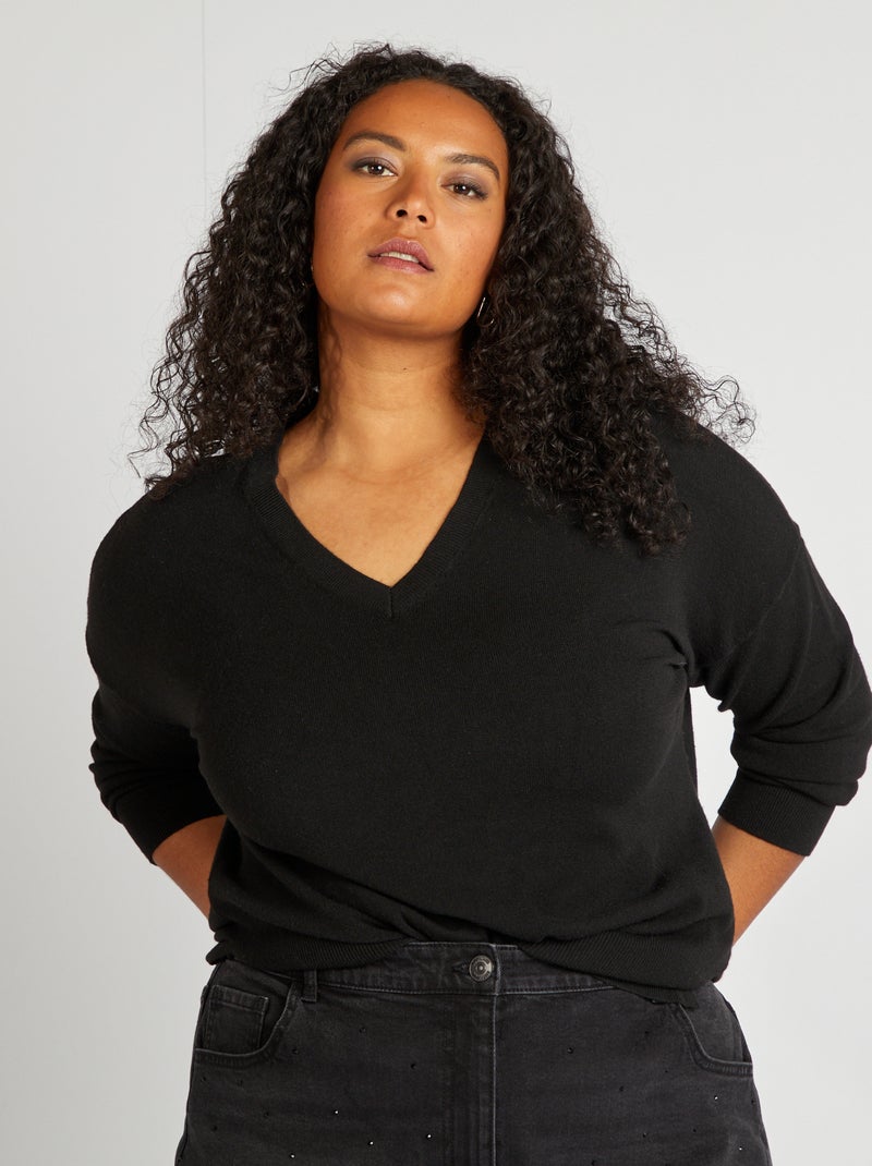 Camisola fina com gola em bico Preto - Kiabi