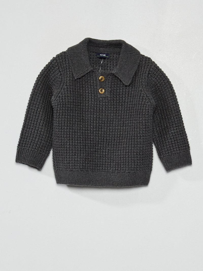 Camisola gola de polo em malha tricô Cinza Escuro - Kiabi