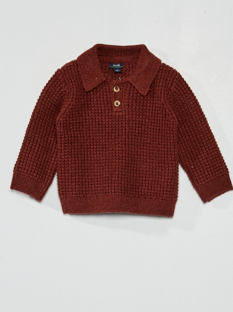 Camisola gola de polo em malha tricô MARROM - Kiabi