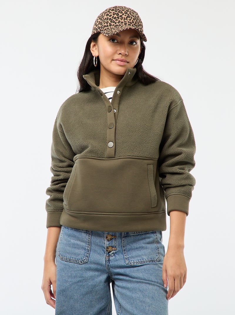 Camisola gola funil em material efeito borreguito Caqui - Kiabi