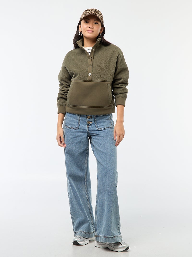 Camisola gola funil em material efeito borreguito Caqui - Kiabi