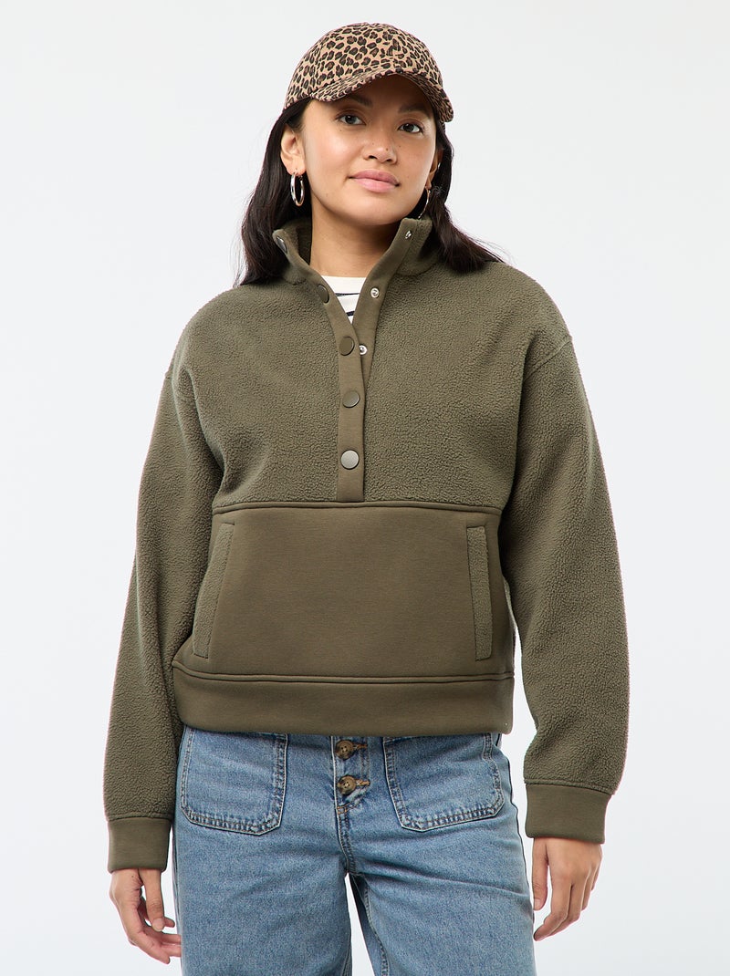 Camisola gola funil em material efeito borreguito Caqui - Kiabi