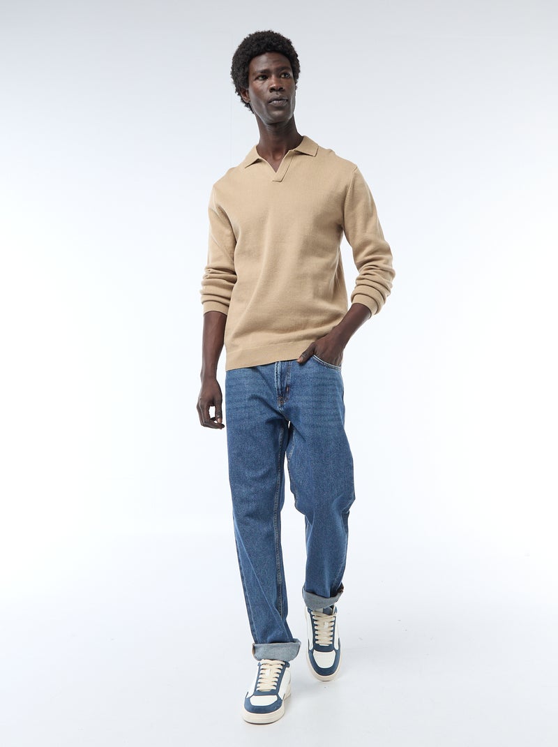 Camisola gola polo em malha Bege - Kiabi