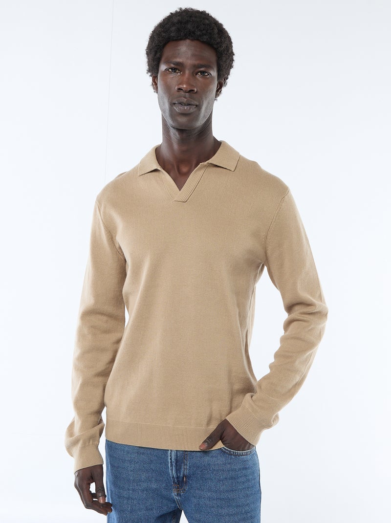 Camisola gola polo em malha Bege - Kiabi