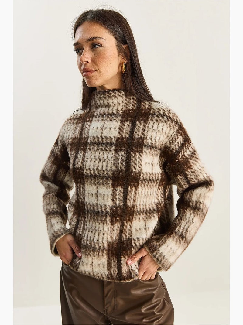 Camisola grossa aos quadrados com meia gola alta lucci Bege natural - Kiabi