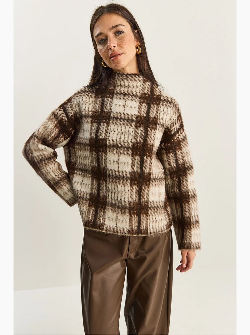 Camisola grossa aos quadrados com meia gola alta lucci Bege natural - Kiabi