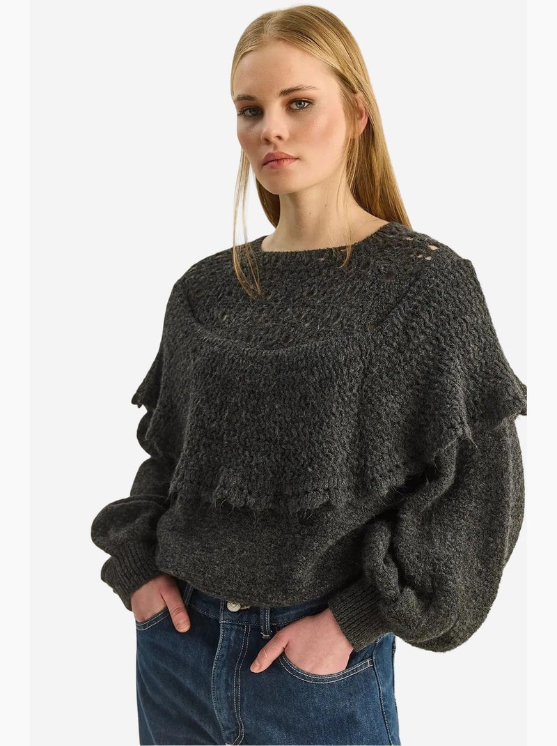 Camisola grossa canelada com decote barco e detalhe com folhos lucci Cinza-preto - Kiabi