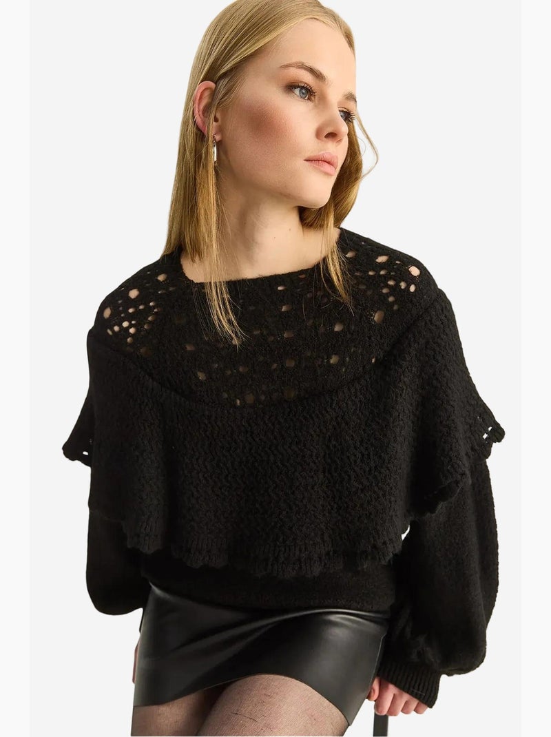 Camisola grossa canelada com decote barco e detalhe com folhos lucci Preto - Kiabi