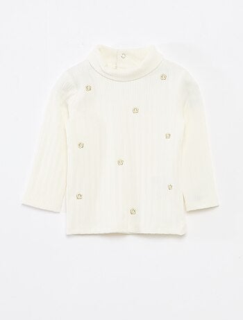 Camisola interior em malha canelada com flores fantasia em algodão