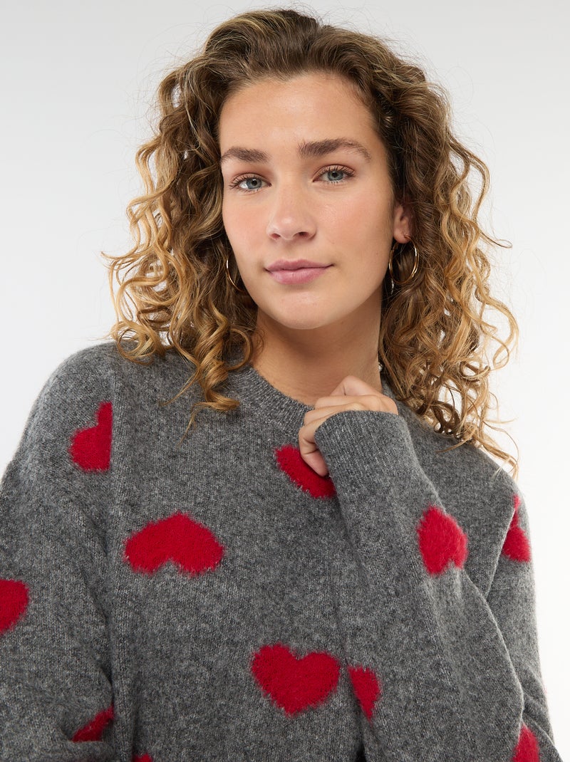 Camisola jacquard com corações Cinza - Kiabi
