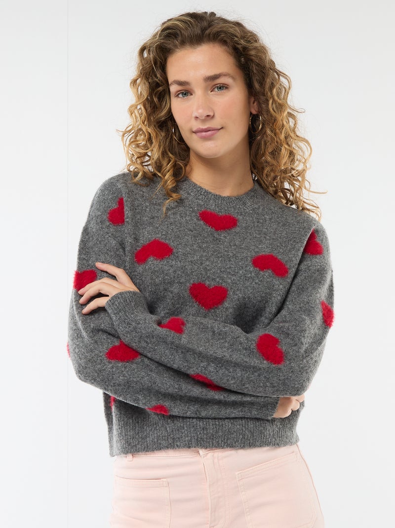 Camisola jacquard com corações Cinza - Kiabi