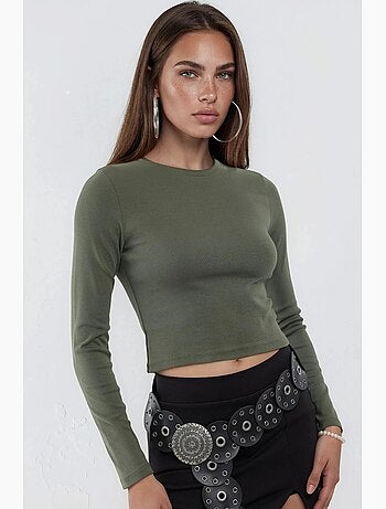 Camisola justa curta decote redondo manga comprida busem