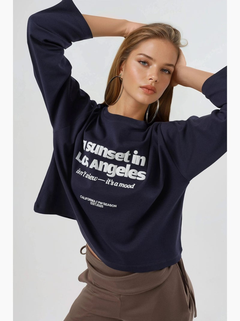Camisola larga decote redondo estampado costas manga comprida busem Azul-marinho - Kiabi