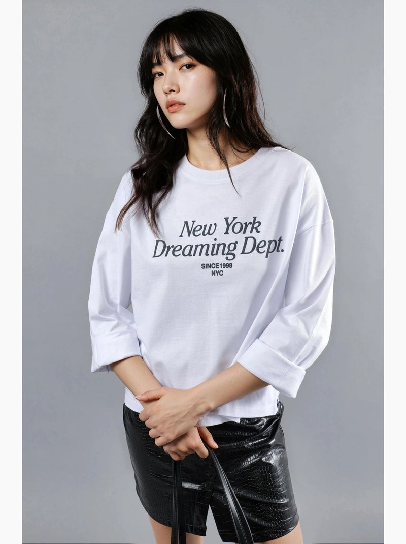 Camisola larga decote redondo estampado costas manga comprida busem Branco - Kiabi
