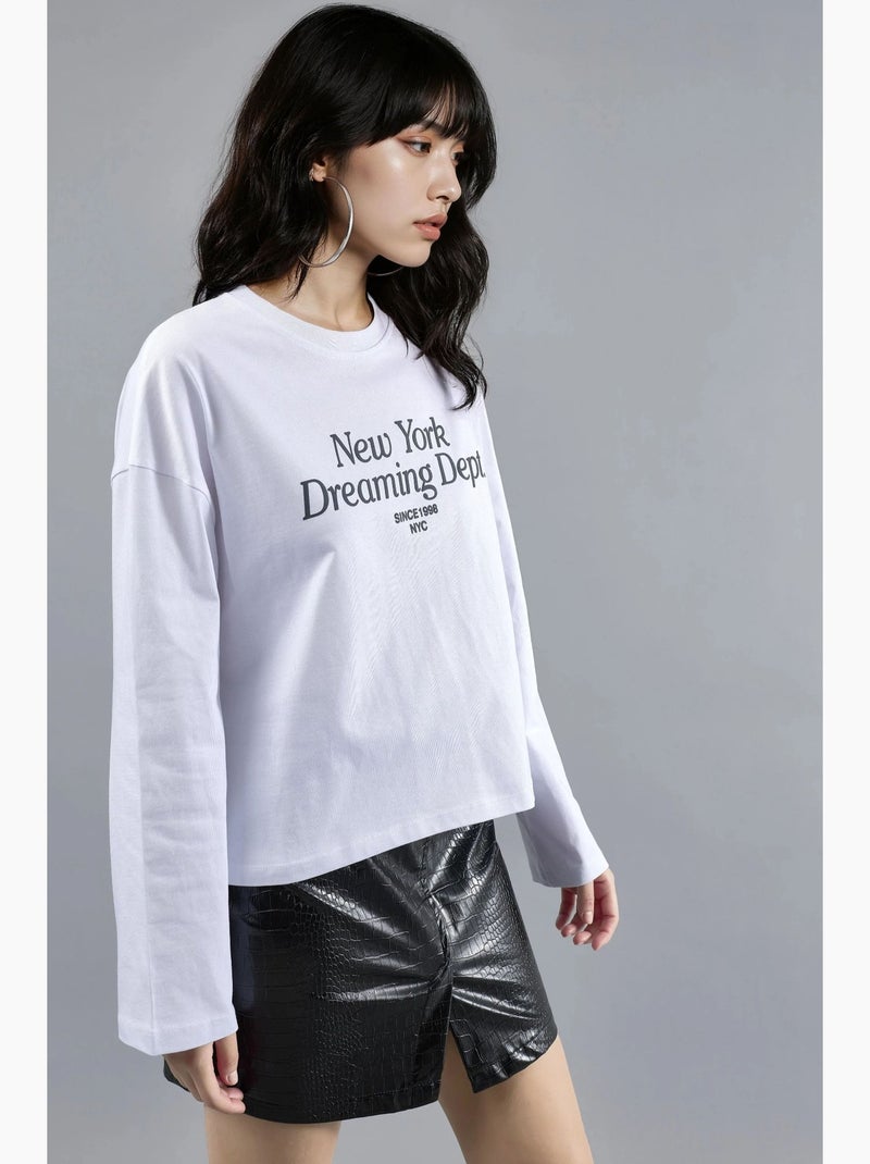 Camisola larga decote redondo estampado costas manga comprida busem Branco - Kiabi