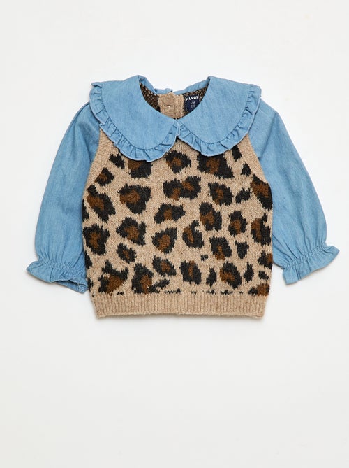 Camisola leopardo com gola Claudine com folho - Kiabi