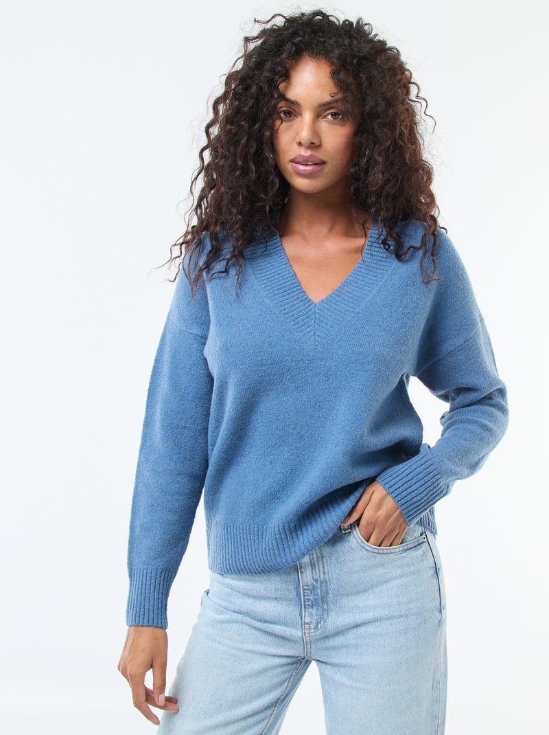 Camisola lisa com decote em V Azul - Kiabi
