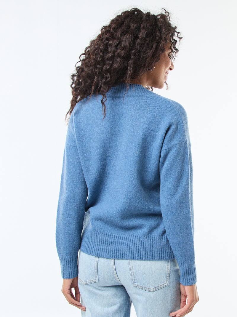 Camisola lisa com decote em V Azul - Kiabi