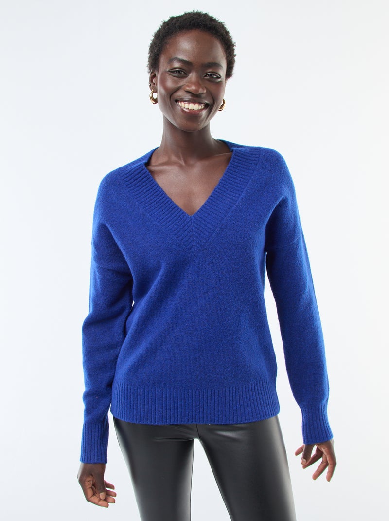 Camisola Lisa com Decote em V Azul - Kiabi
