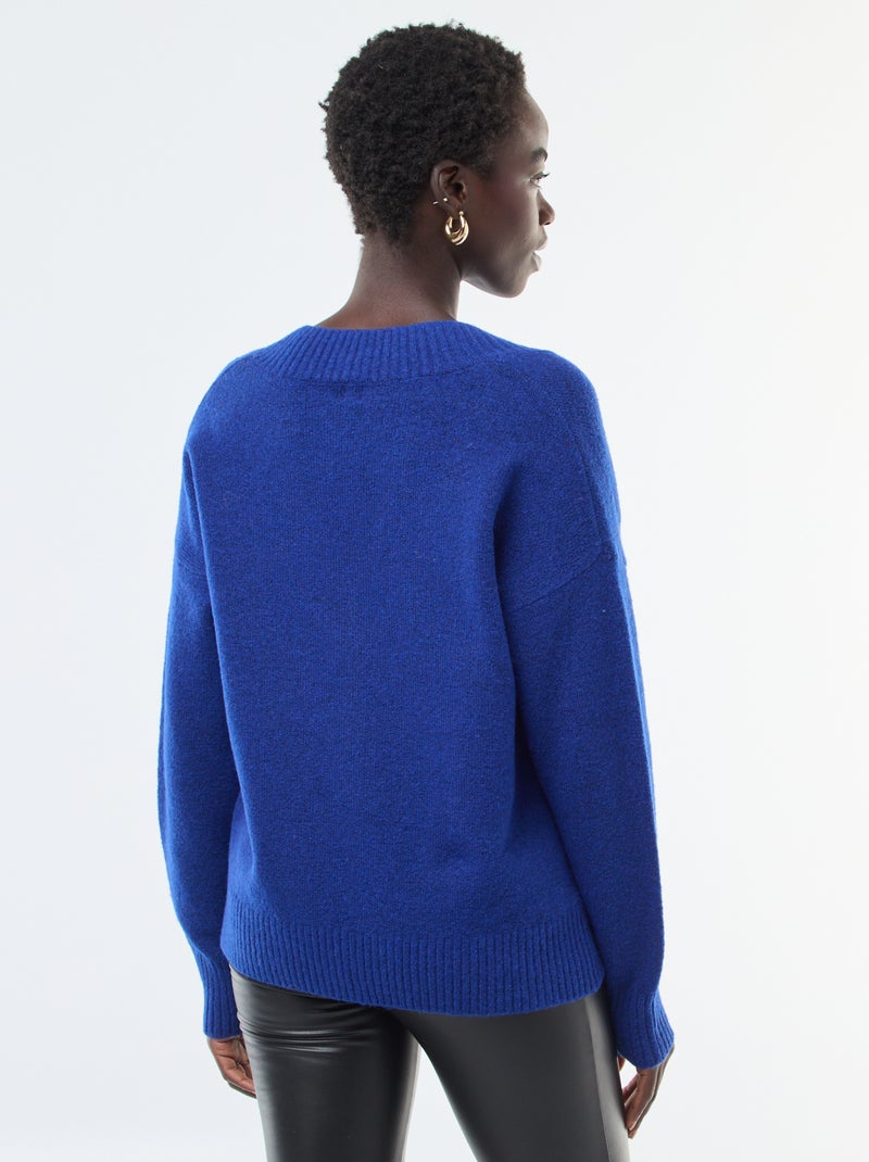 Camisola Lisa com Decote em V Azul - Kiabi