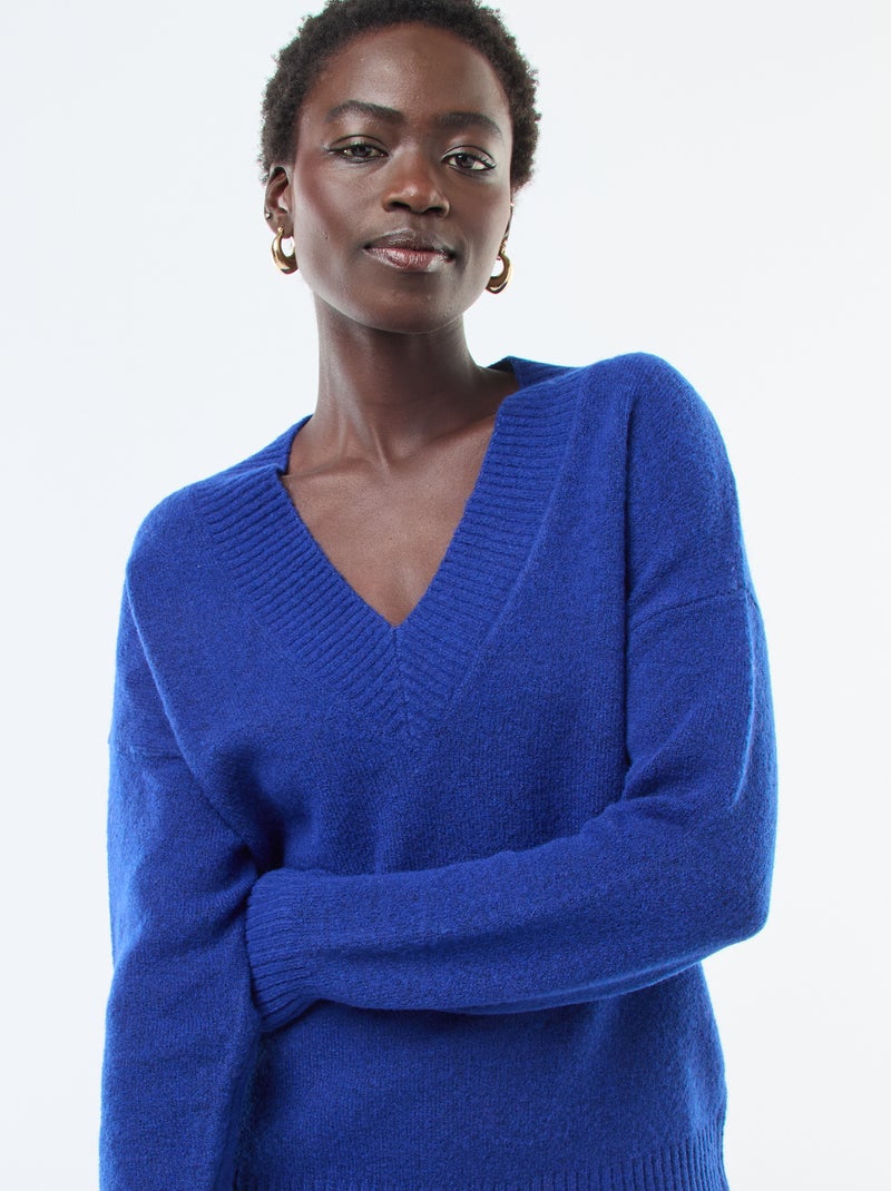 Camisola Lisa com Decote em V Azul - Kiabi