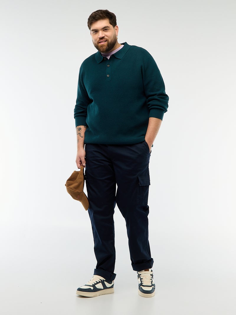 Camisola lisa com gola polo abotoada Azul - Kiabi