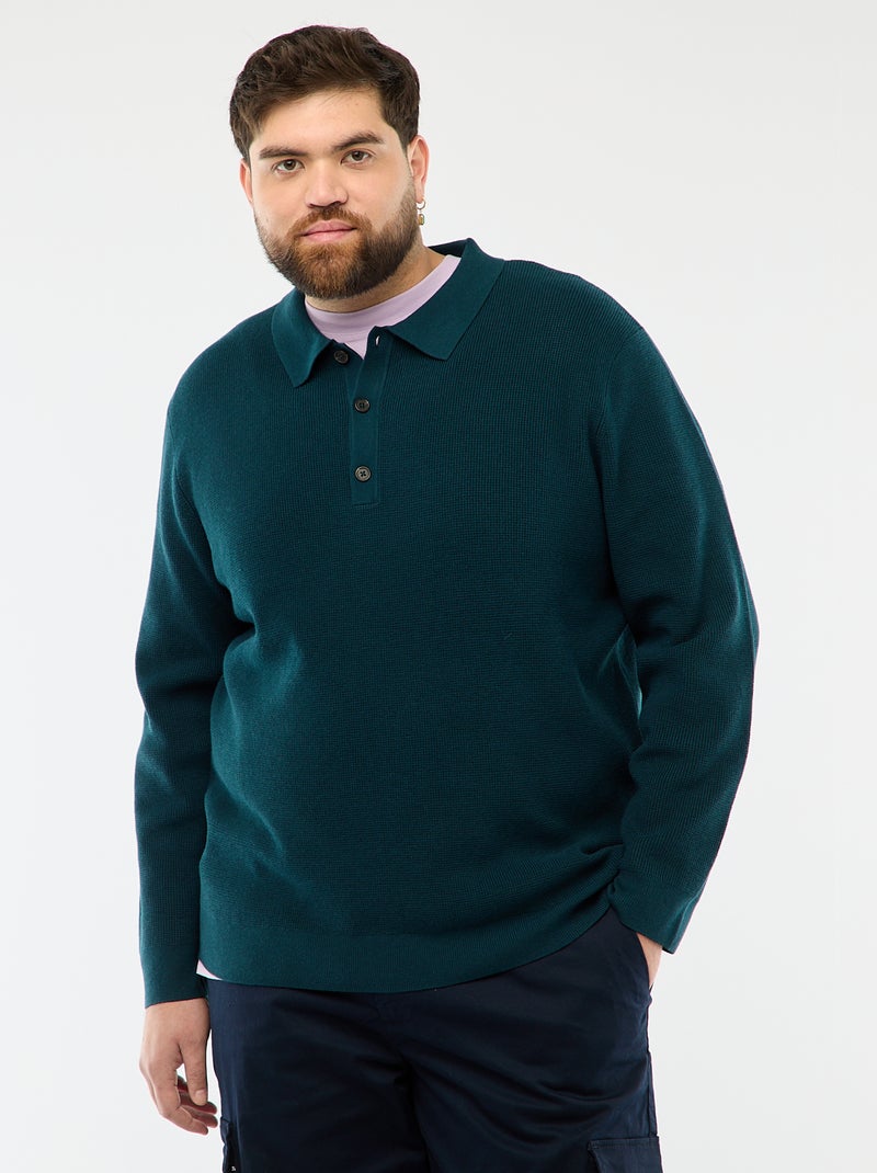 Camisola lisa com gola polo abotoada Azul - Kiabi