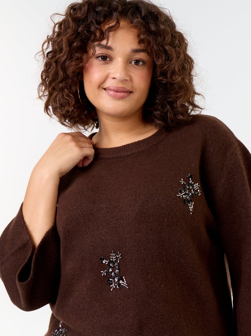 Camisola lisa com strass Castanho - Kiabi
