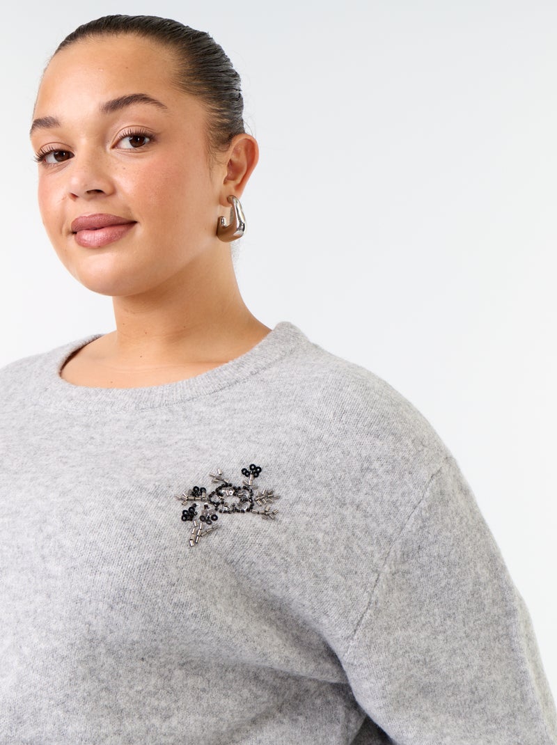 Camisola lisa com strass Cinza - Kiabi