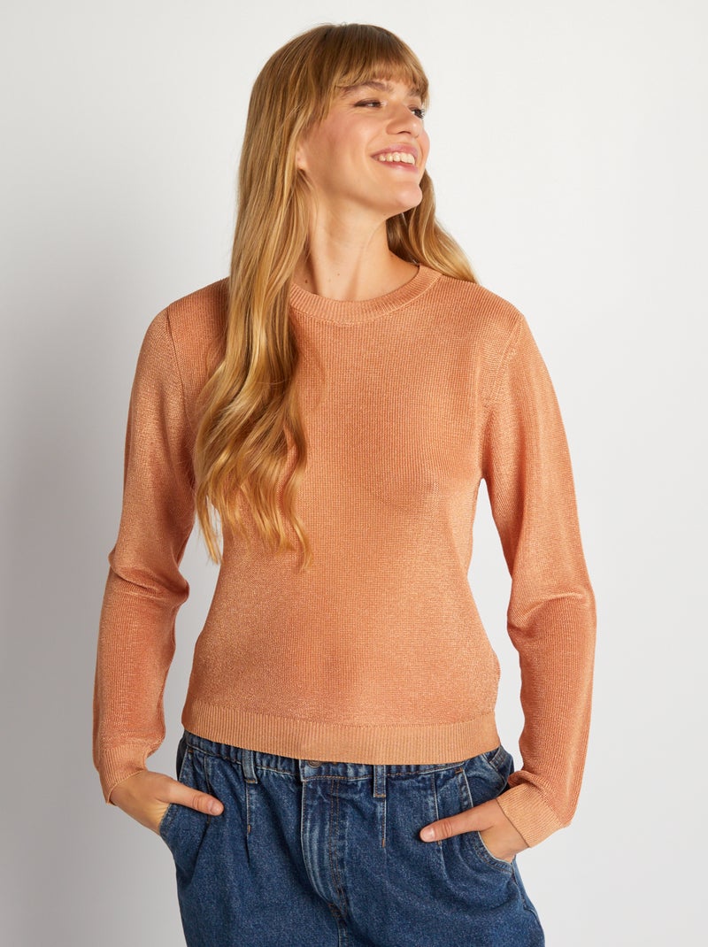 Camisola lisa de gola redonda e efeito de rede MARROM - Kiabi