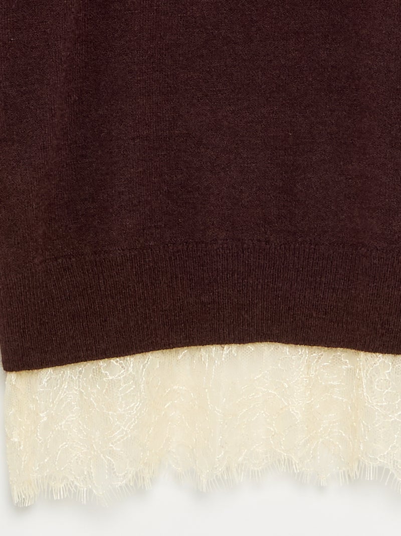 Camisola lisa de malha fina com base de renda Castanho - Kiabi