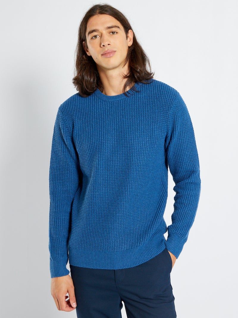 Camisola lisa em malha texturada Azul Escuro - Kiabi