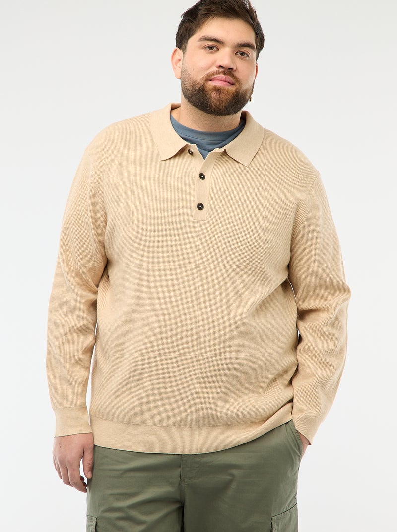 Camisola lisa gola polo com botões Bege - Kiabi