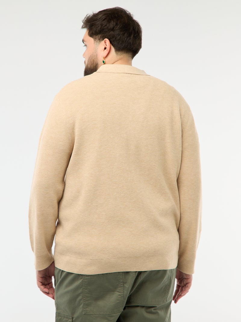 Camisola lisa gola polo com botões Bege - Kiabi