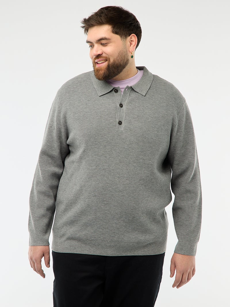 Camisola lisa gola polo com botões Cinza - Kiabi