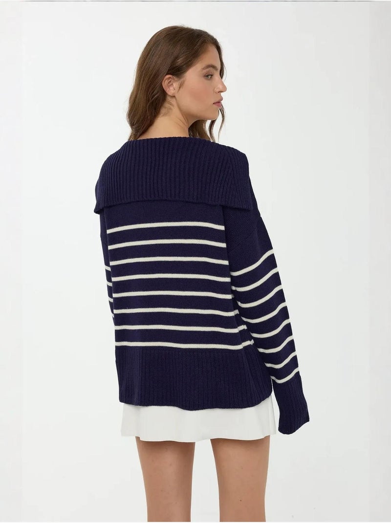 Camisola listrada com decote em V Azul escuro - Kiabi