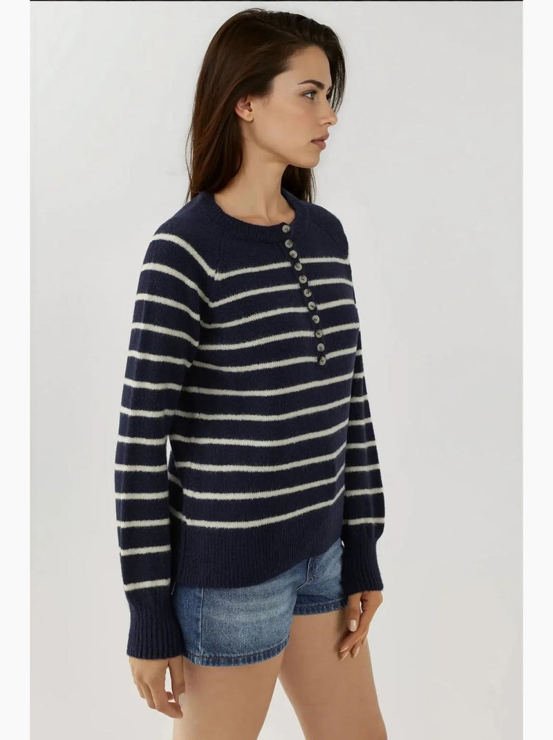 Camisola listrada com gola de botão hiccup Azul escuro - Kiabi