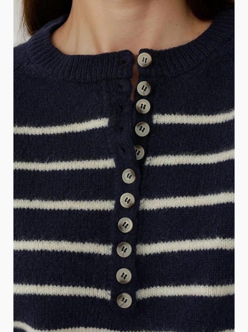 Camisola listrada com gola de botão hiccup Azul escuro - Kiabi
