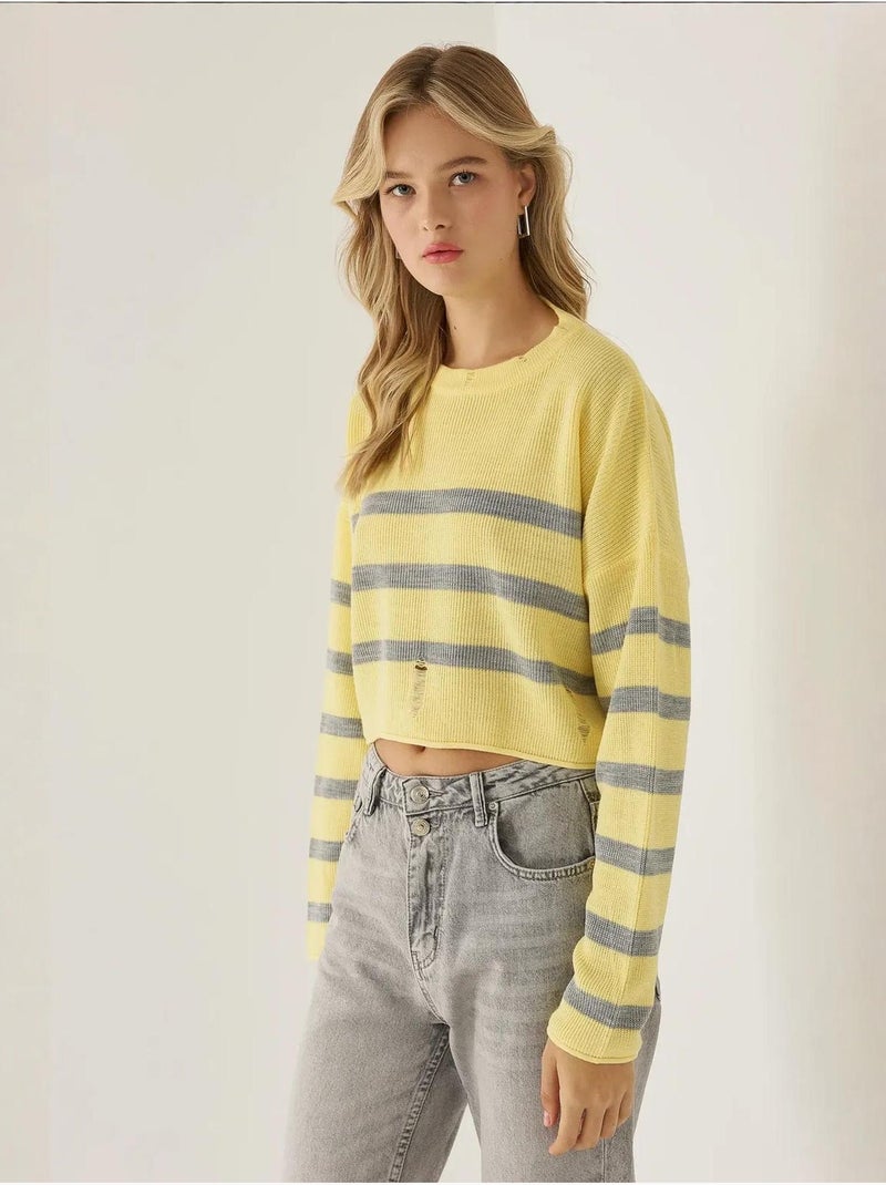 Camisola listrada com gola redonda Amarelo - Kiabi