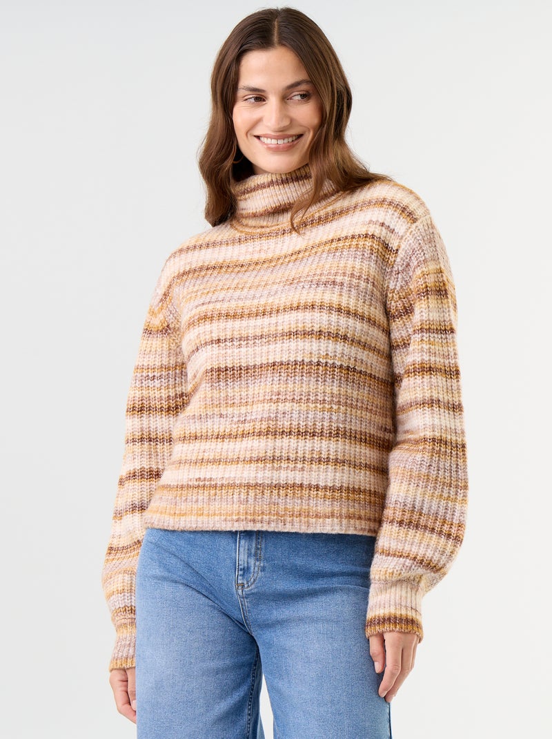 Camisola multicolor de gola alta Bege - Kiabi