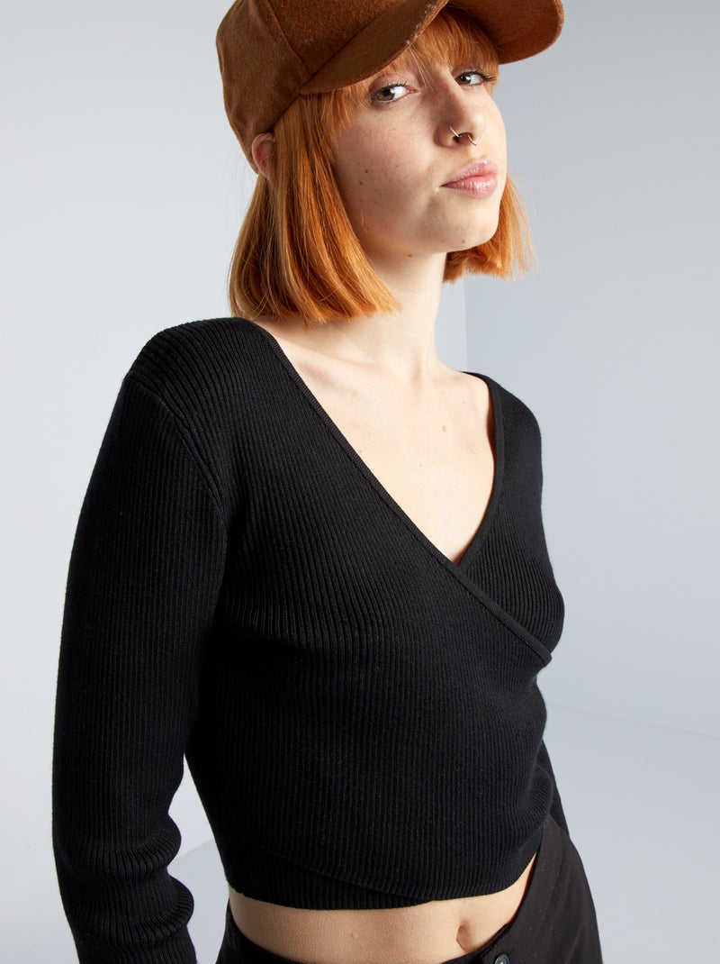 Camisola nervurada com abertura cruzada Preto - Kiabi
