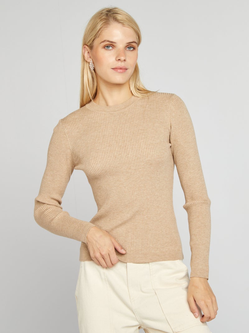 Camisola nervurada com gola redonda BEGE - Kiabi